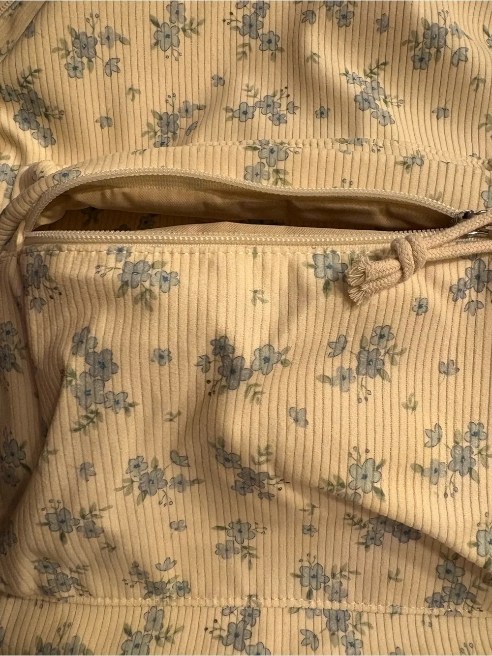 Floral Corduroy Backpack — Cream with Light Blue Flowers